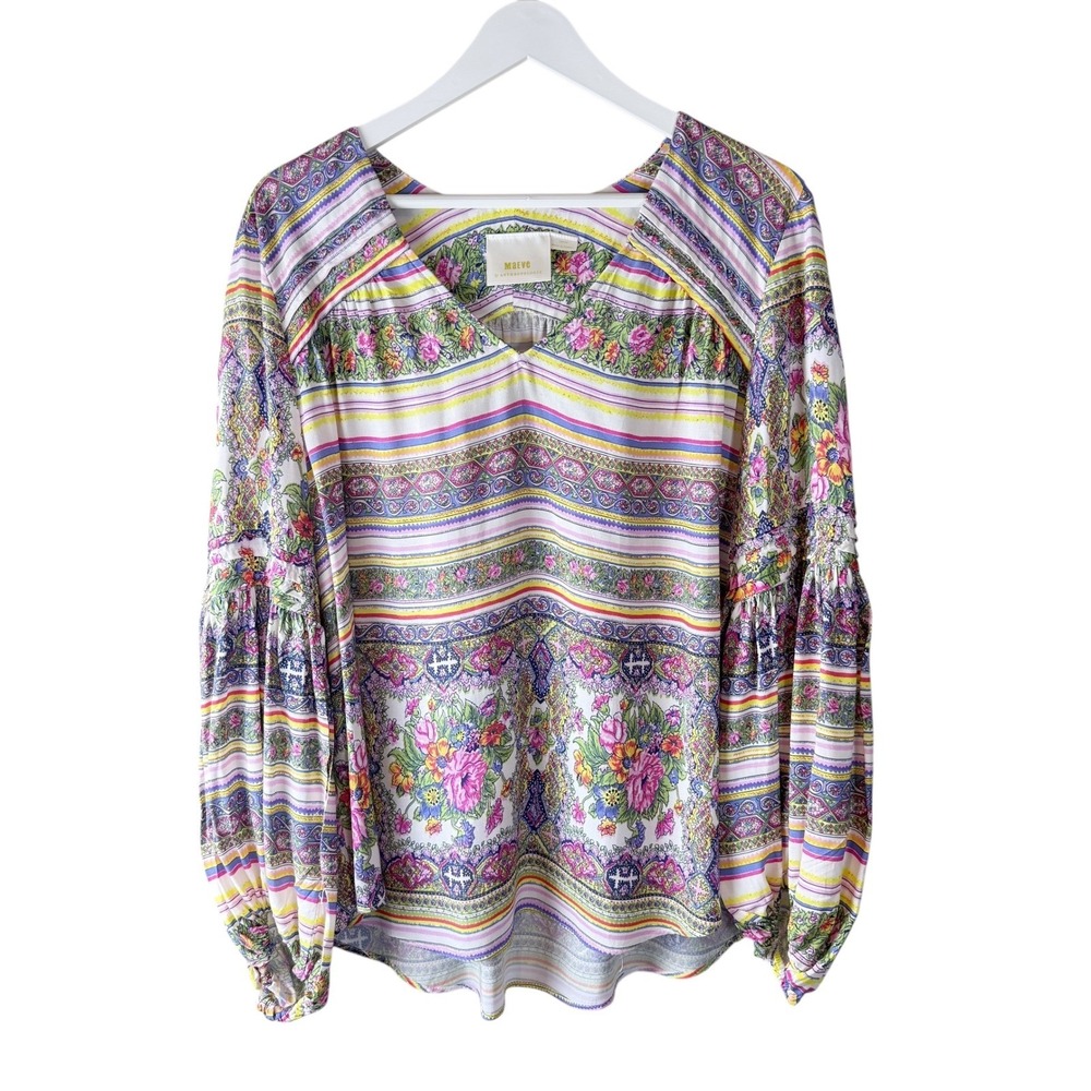 Maeve Anthropologie Floral Border‎ Print V-Neck Puff Sleeve Blouse Large Multi